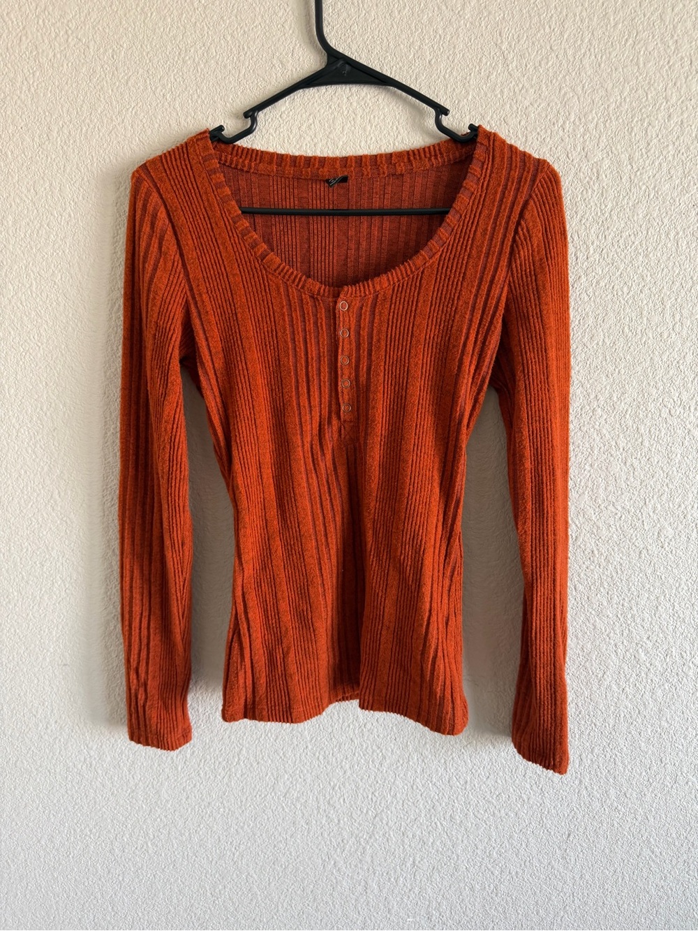 SHEIN Burnt Orange Ribbed Long-Sleeve Scoop Neck Top